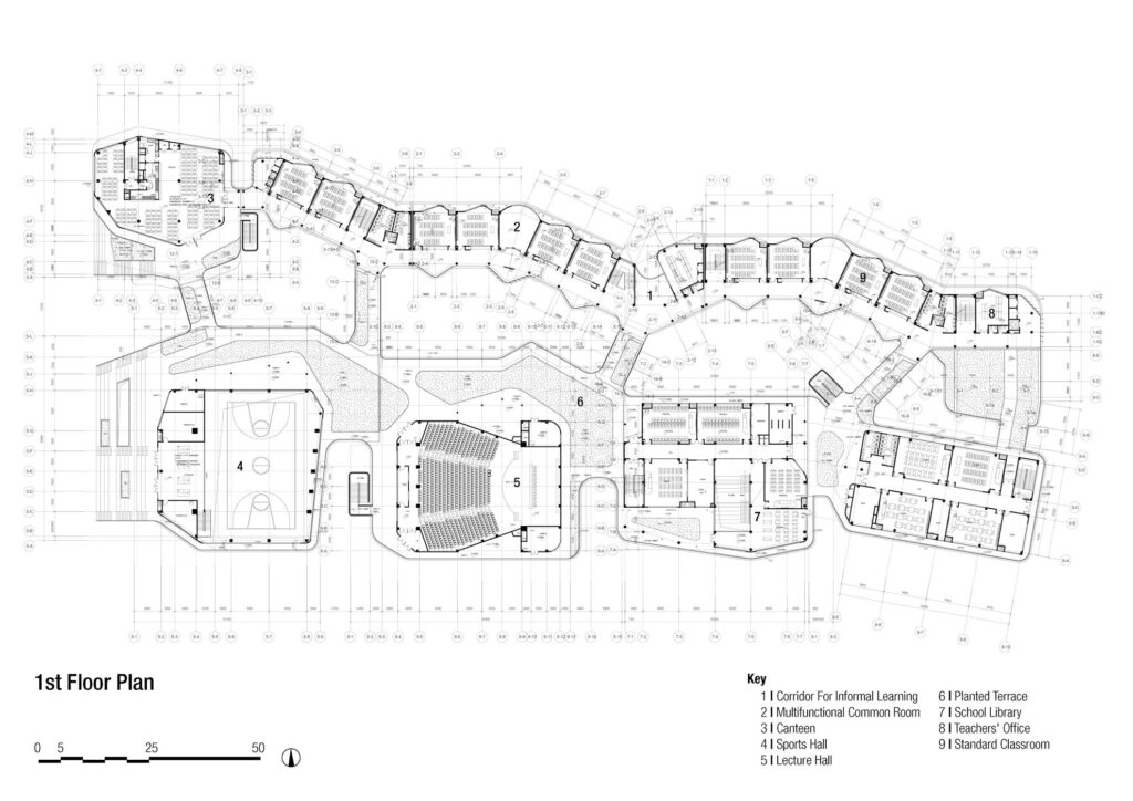 First floor plan of Chonggu Experimental School, Qingpu, by BAU (Brearley Architects + Urbanists). Drawing by BAU