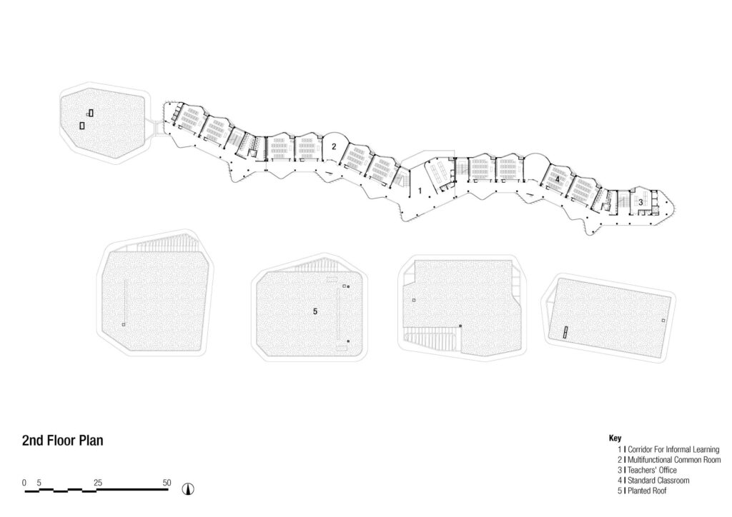 Second floor plan of Chonggu Experimental School, Qingpu, by BAU (Brearley Architects + Urbanists). Drawing by BAU
