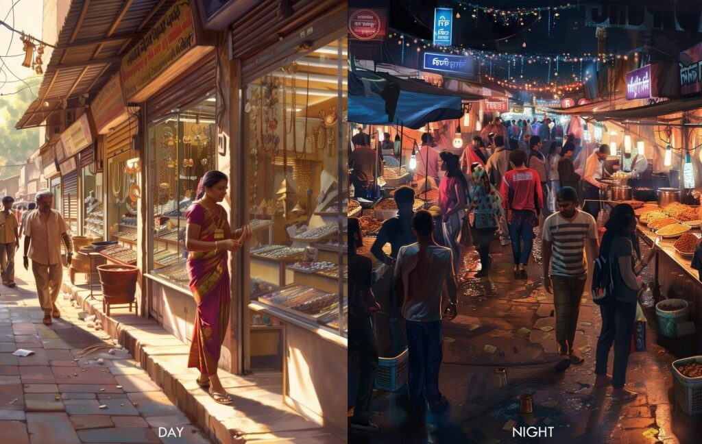 Day and night views of the Sarafa market. Generated via Midjourney by the author.