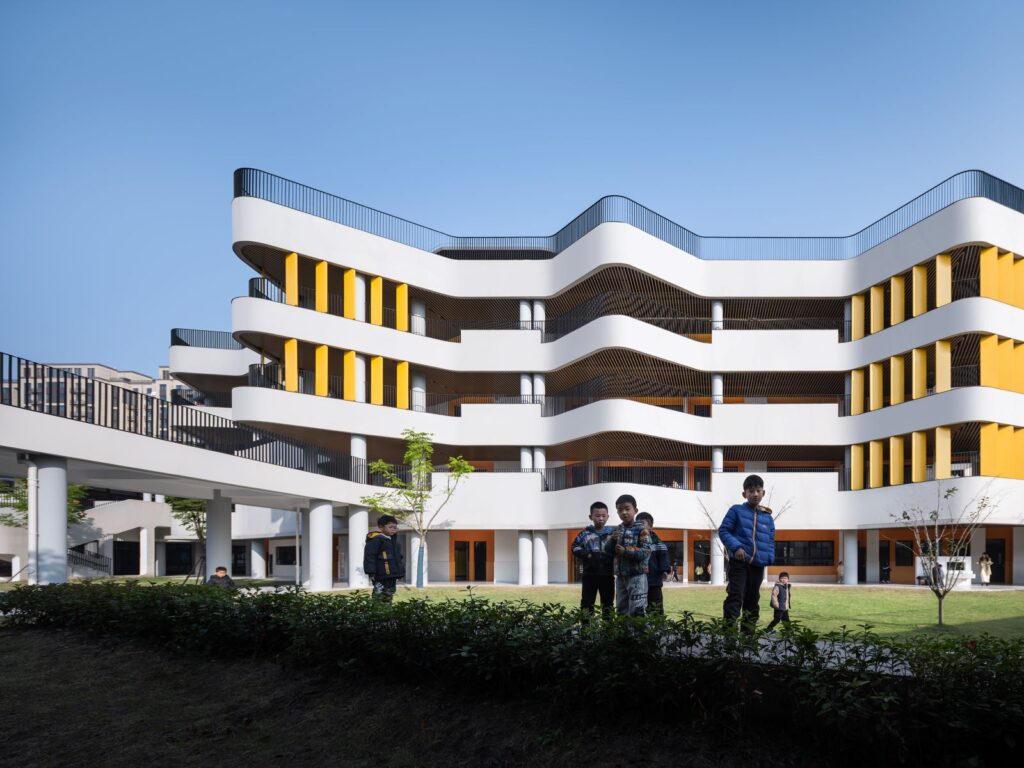 Exterior View of the landscaping of Chonggu Experimental School, Qingpu, by BAU (Brearley Architects + Urbanists). Photograph clicked by INNSImages