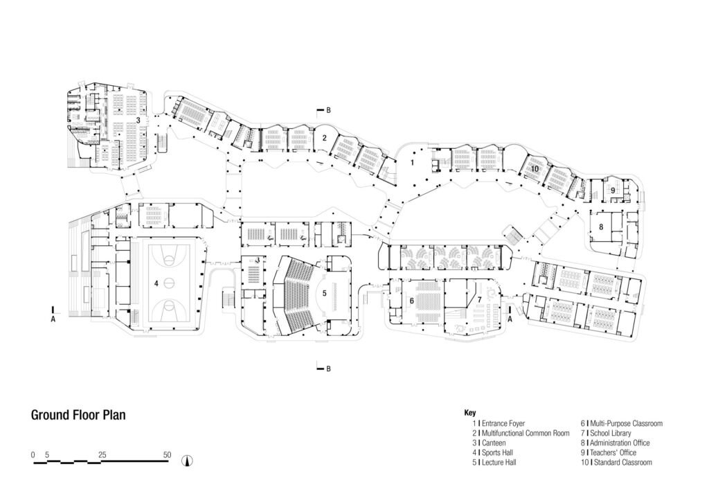Ground floor plan of Chonggu Experimental School, Qingpu, by BAU (Brearley Architects + Urbanists). Drawing by BAU
