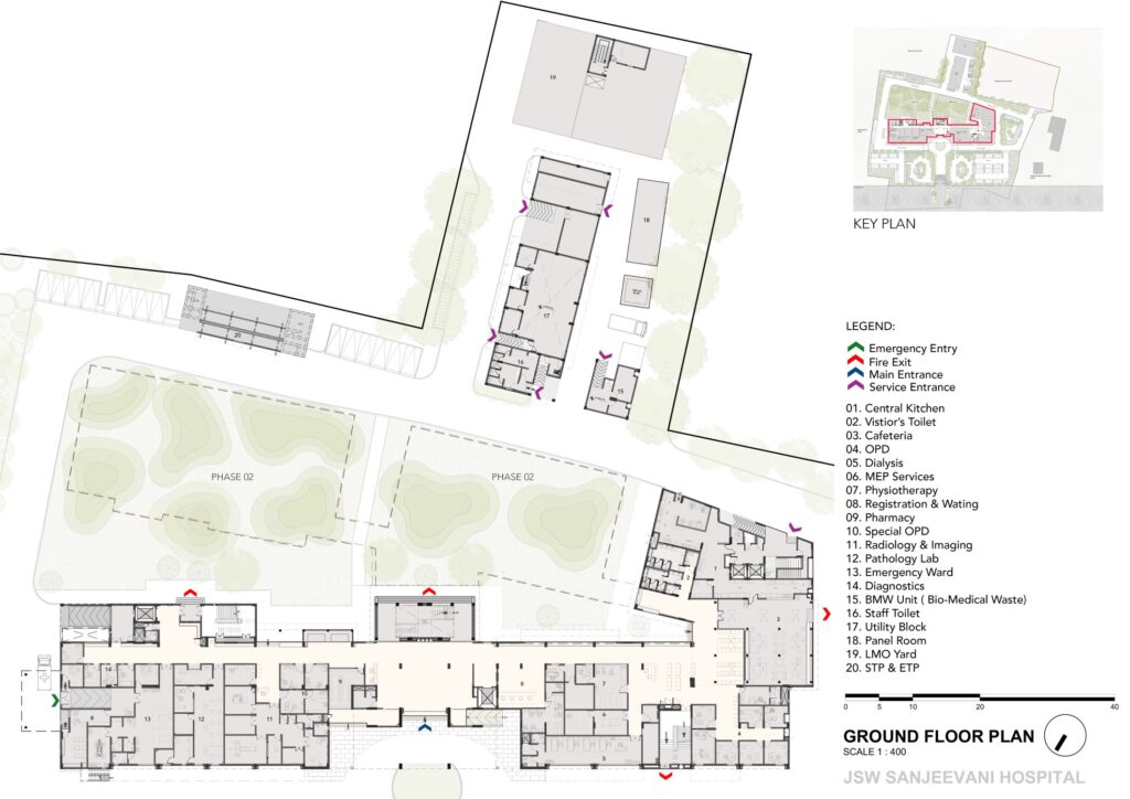 Ground floor Plan, JSW Sanjeevani Multispeciality Hospital, Dolvi, Maharashtra, by SJK Architects