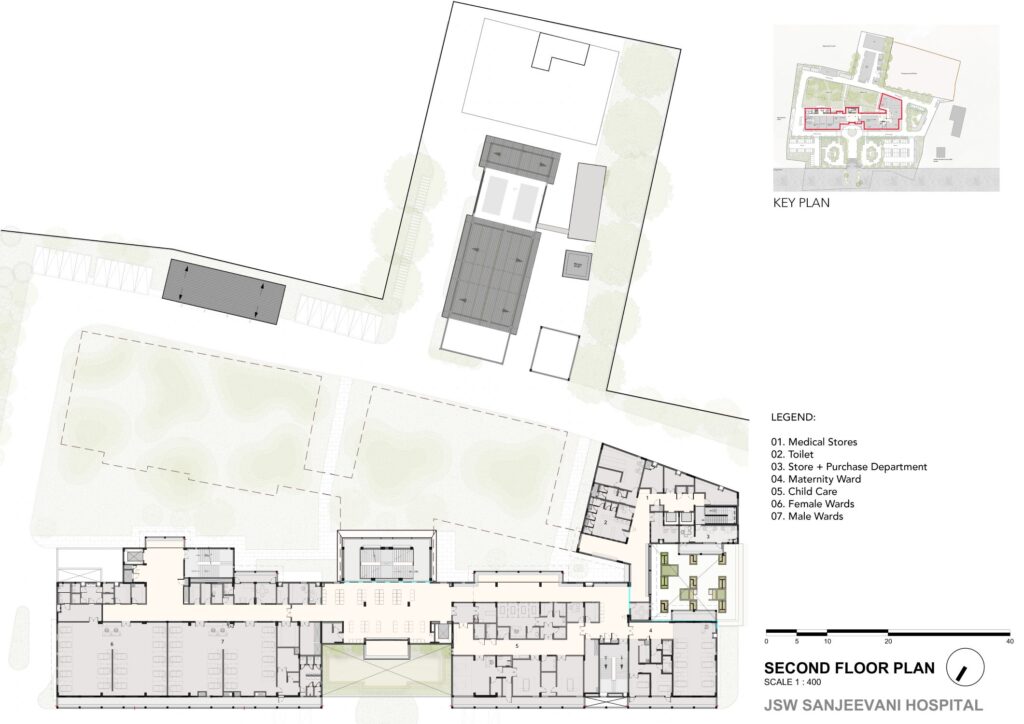 Second floor Plan, JSW Sanjeevani Multispeciality Hospital, Dolvi, Maharashtra, by SJK Architects