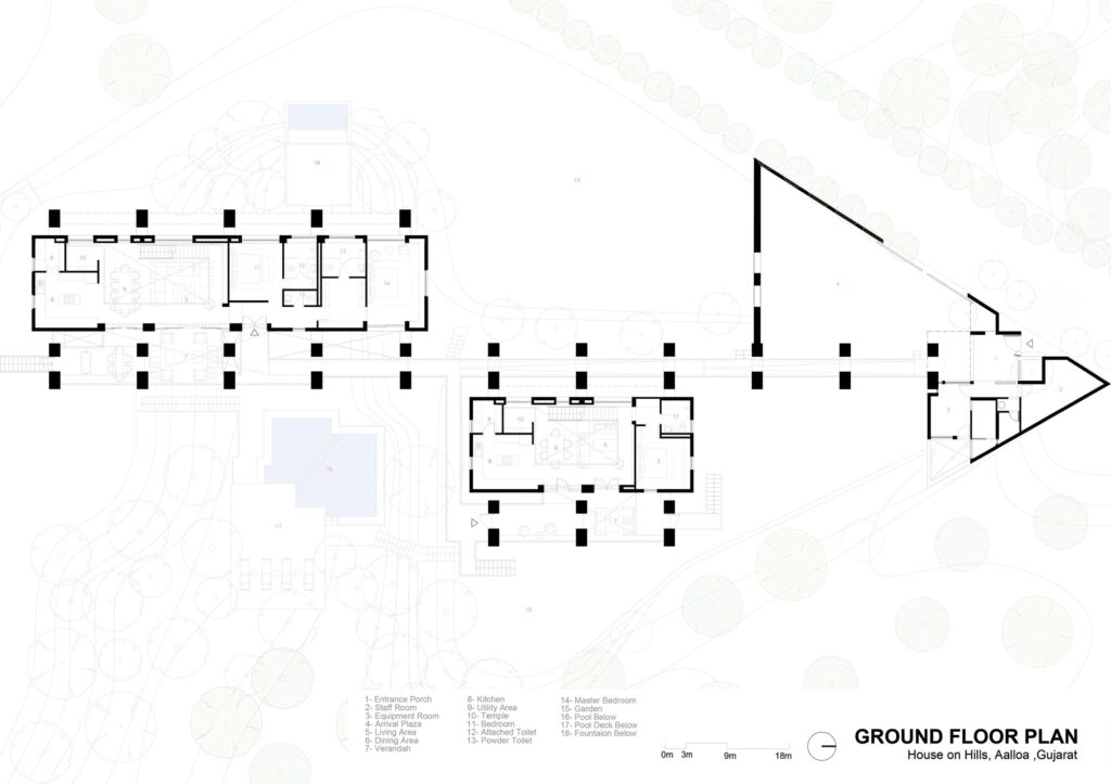Ground floor plan for Aalloa Hills Residence, Gandhinagar, Gujarat, India. Drawing by INI Design Studio