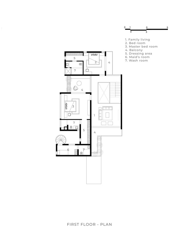 First floor Plan. Hassan House, Calicut, Kerala, by Monsoon Projects. 