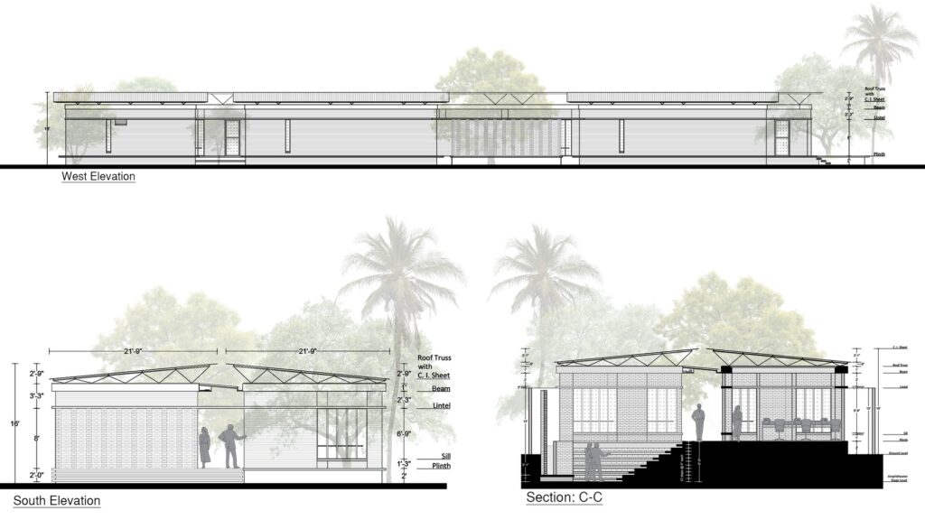 Anti-Clockwise from top: West Elevation, South Elevation, Section C-C' , Teach for Bangladesh Office Building, Dhaka, Bangladesh, by Studio Dhaka. Photograph by Asif Salman