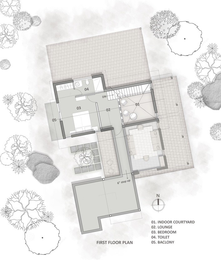 First Floor Plan. Boulder House, Shoolagiri, Tamil Nadu, by HabitArt Architecture