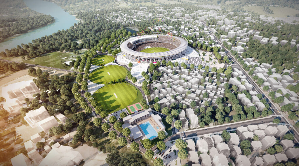 Render - Aerial View. © Populous. Narendra Modi Stadium, Gujarat, India, by Populous