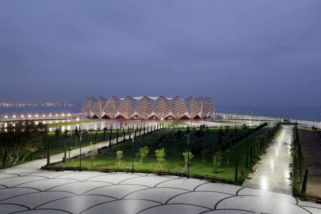 The Crystal Hall indoor concert arena LED lighting adding glitz and glamour along Baku’s Caspian Sea shoreline. Source: Architects GPM Architekten website