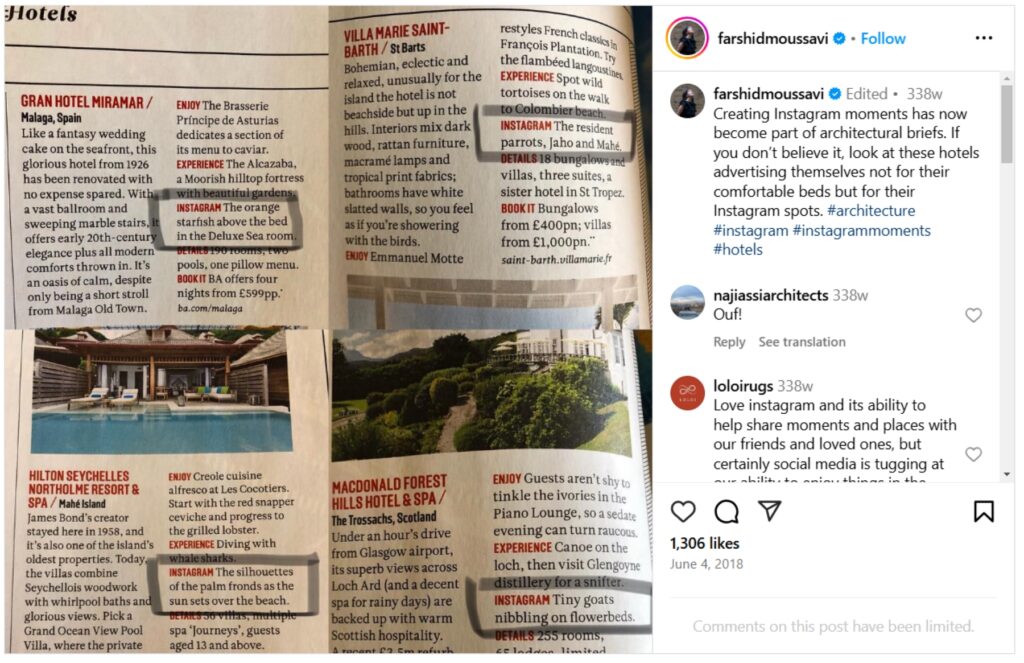 Screenshot of an Instagram post by Farshid Moussavi showing hotels advertising their 'instagrammability'. Image Courtesy of Athulya Aby