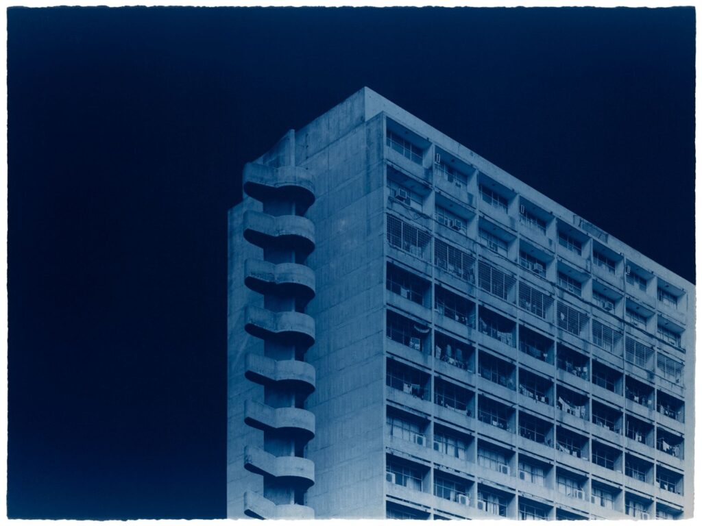 Seher Shah and Randhir Singh, Studies in Form, Akbar Bhavan (#1), 2018, cyanotype print on Arches Aquarelle paper, edition of 5, 22 x 30 in